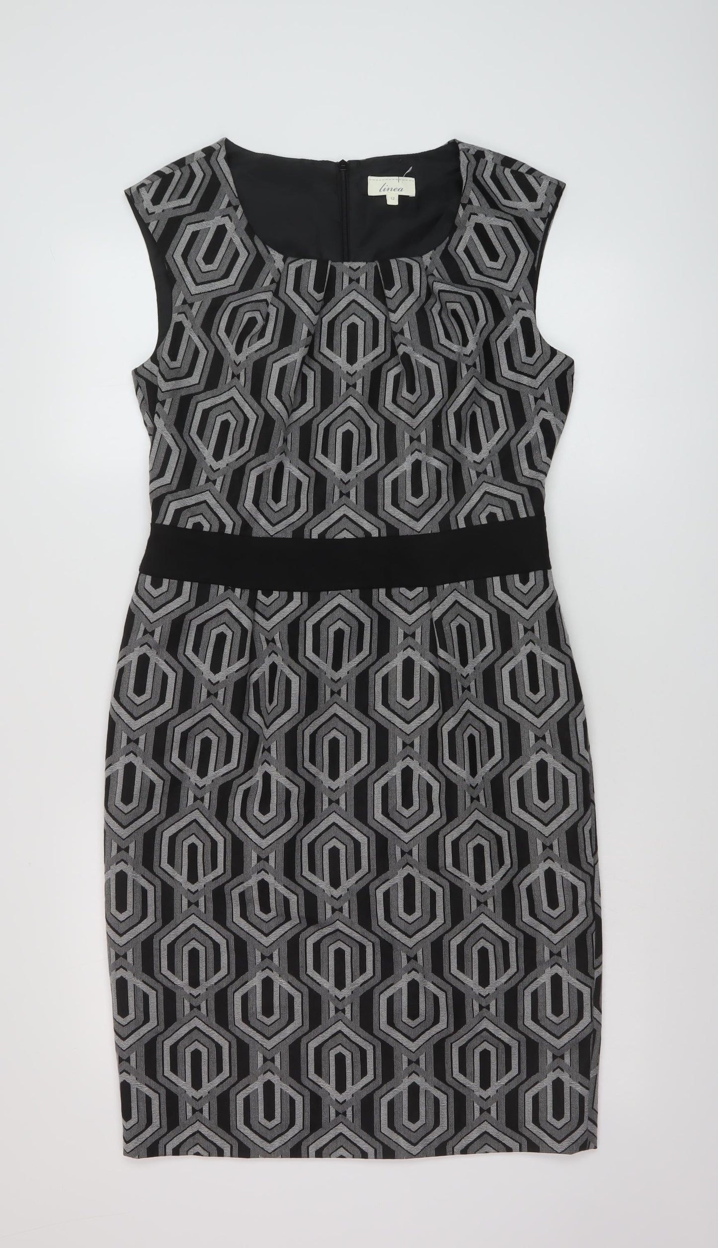 Linea Womens Black Geometric Polyester Sheath Size 12 Round Neck Zip