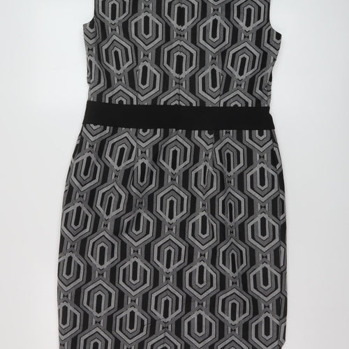 Linea Womens Black Geometric Polyester Sheath Size 12 Round Neck Zip