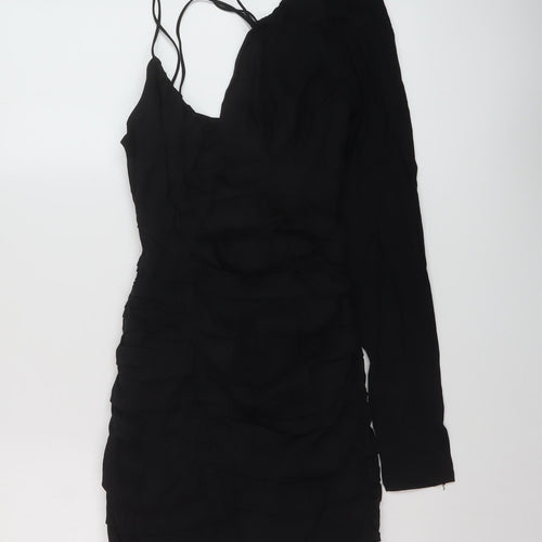 Zara Womens Black Linen Bodycon Size M V-Neck Zip