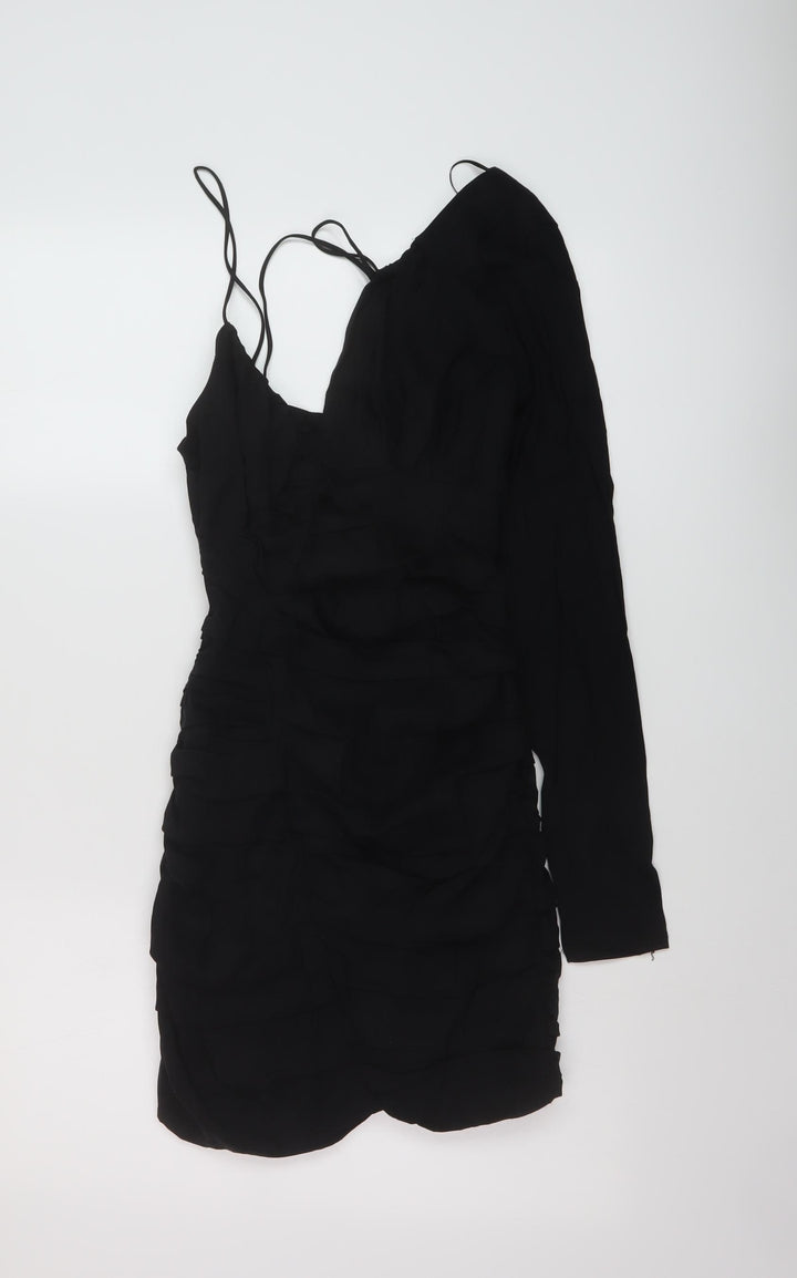 Zara Womens Black Linen Bodycon Size M V-Neck Zip
