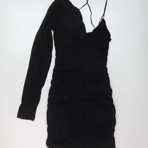 Zara Womens Black Linen Bodycon Size M V-Neck Zip