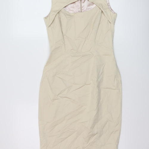 French Connection Womens Beige Cotton Bodycon Size 10 Round Neck Zip