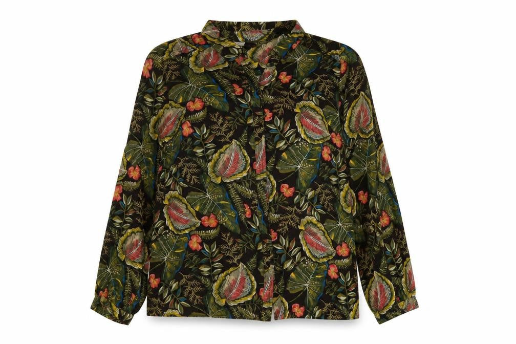 Front view of Damart women’s multicoloured floral viscose basic blouse, size UK 22, collared