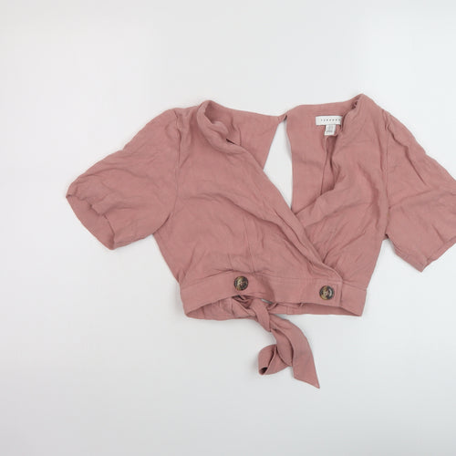 Topshop Womens Pink Viscose Cropped Blouse Size 8 V-Neck