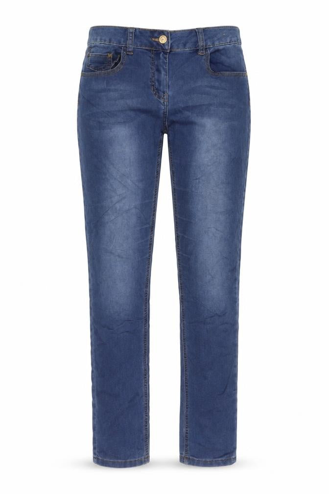 Front view of Premium Collection women’s blue cotton straight jeans, size UK 12, 30-inch leg regular button