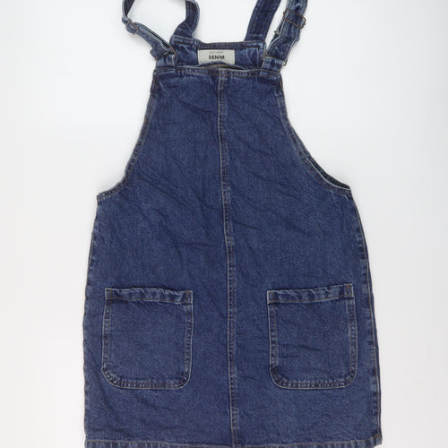 New Look Womens Blue Cotton Pinafore/Dungaree Dress Size 10 Square Neck Buckle