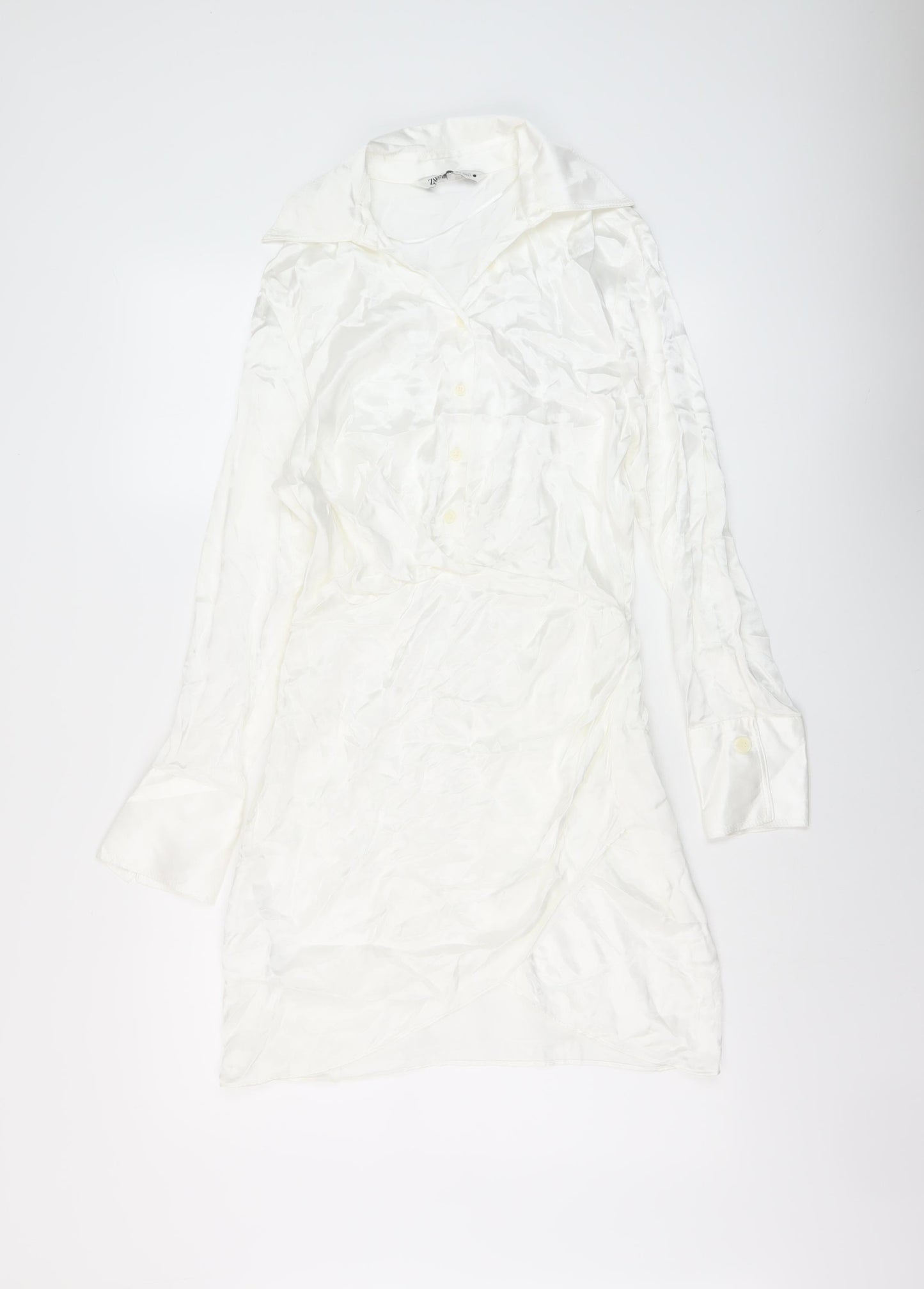 Zara Womens Ivory Polyester Shirt Dress Size S Collared Zip