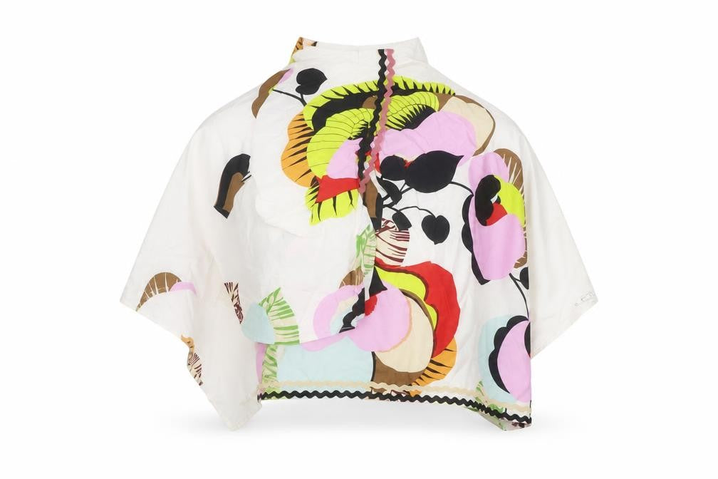 Front view of Zraa women’s white geometric polyester cropped blouse, size M, one shoulder