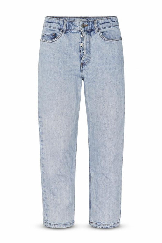 Front view of H&M women’s blue cotton mom jeans, size UK 8, 26-inch leg regular button