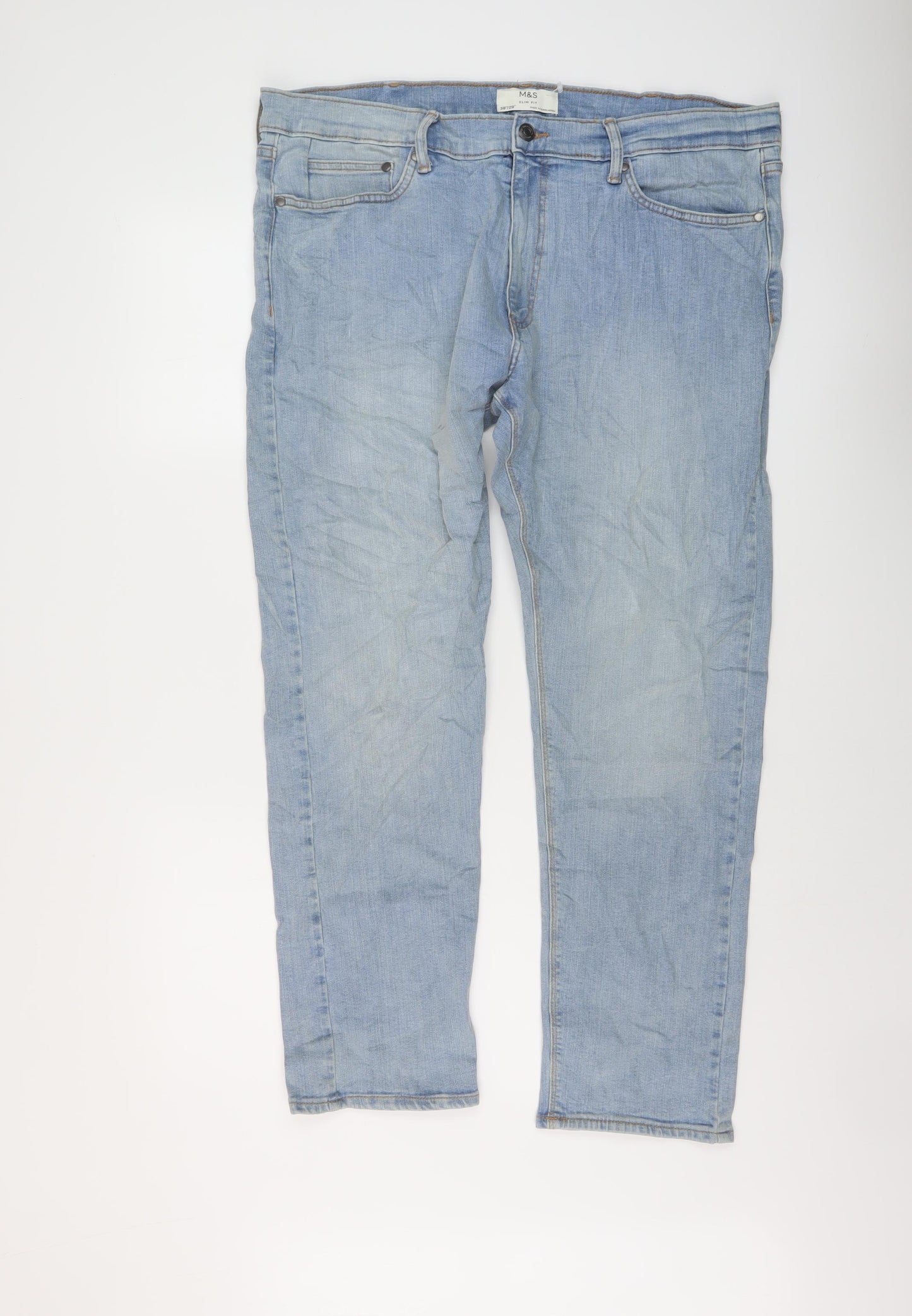 Marks and Spencer Mens Blue Cotton Straight Jeans Size 38 in L29 in Slim Button