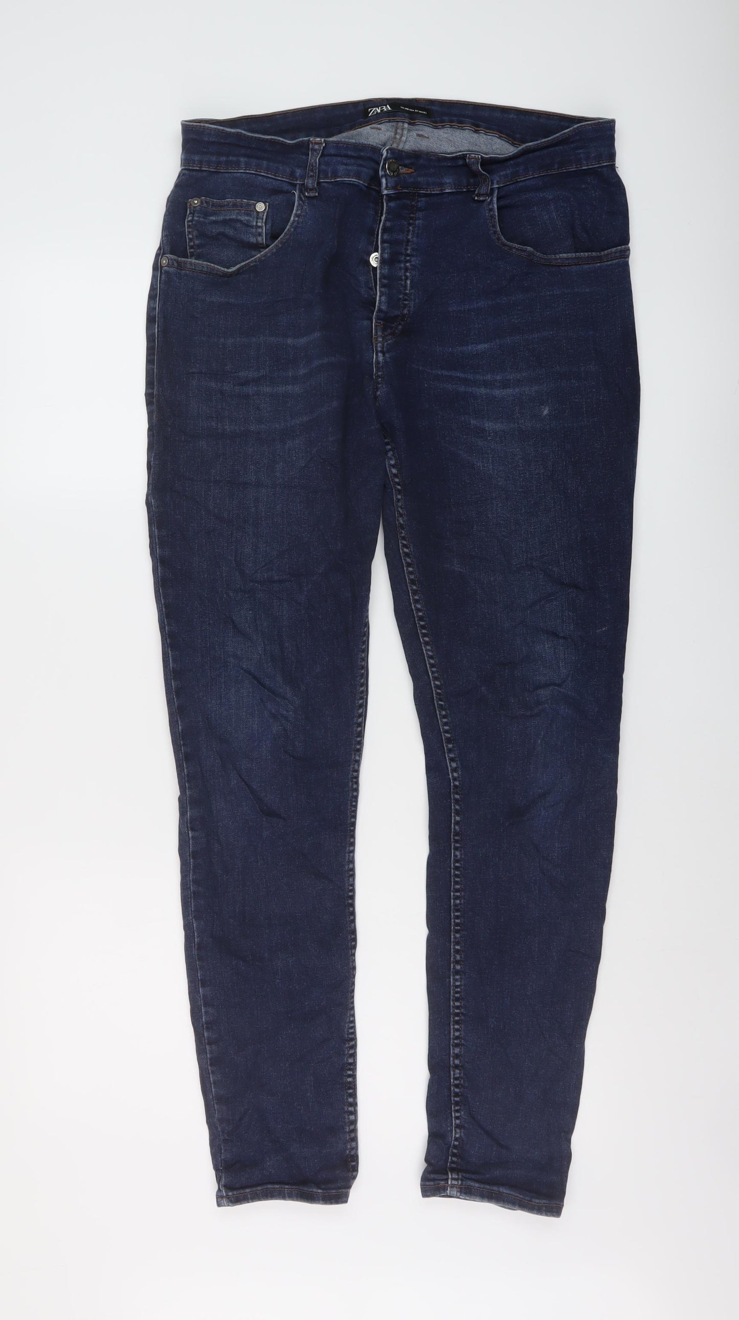 Zara Mens Blue Cotton Skinny Jeans Size 34 in L30 in Regular Button