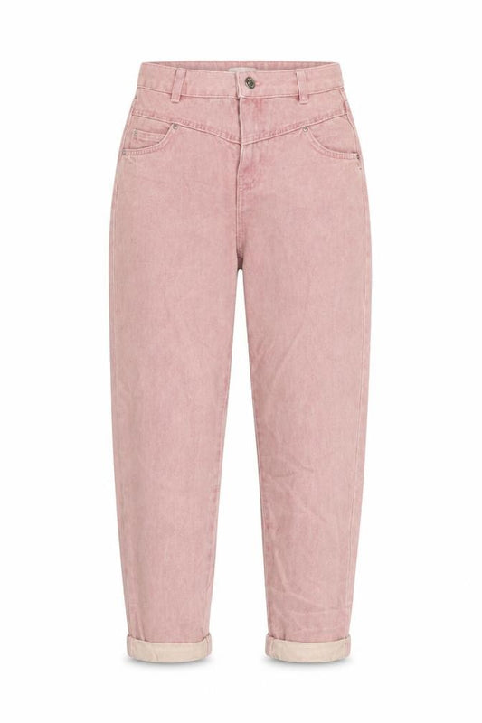Front view of Bershka women’s pink cotton mom jeans, size UK 6, 24-inch leg regular button