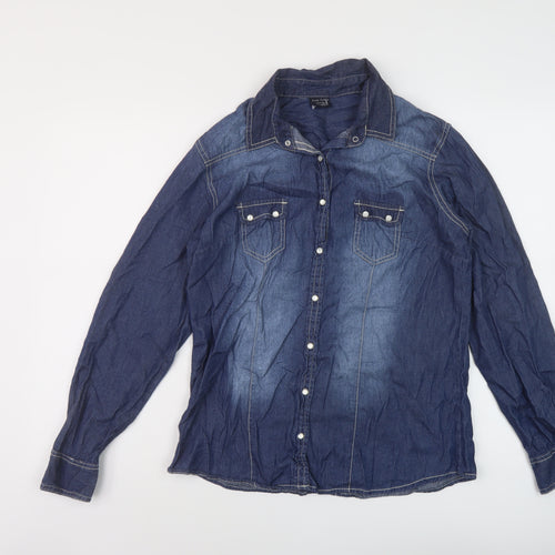 Faded Glory Womens Blue Cotton Basic Blouse Size 8 Collared