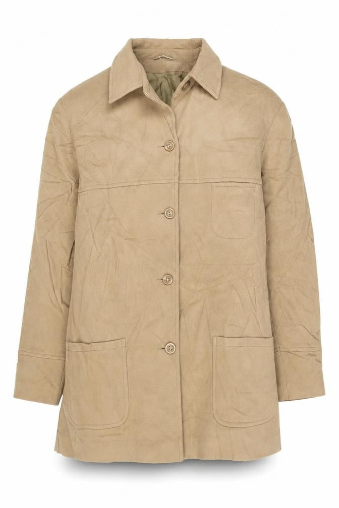 Front view of Kristen women’s beige overcoat coat, size UK 16, button