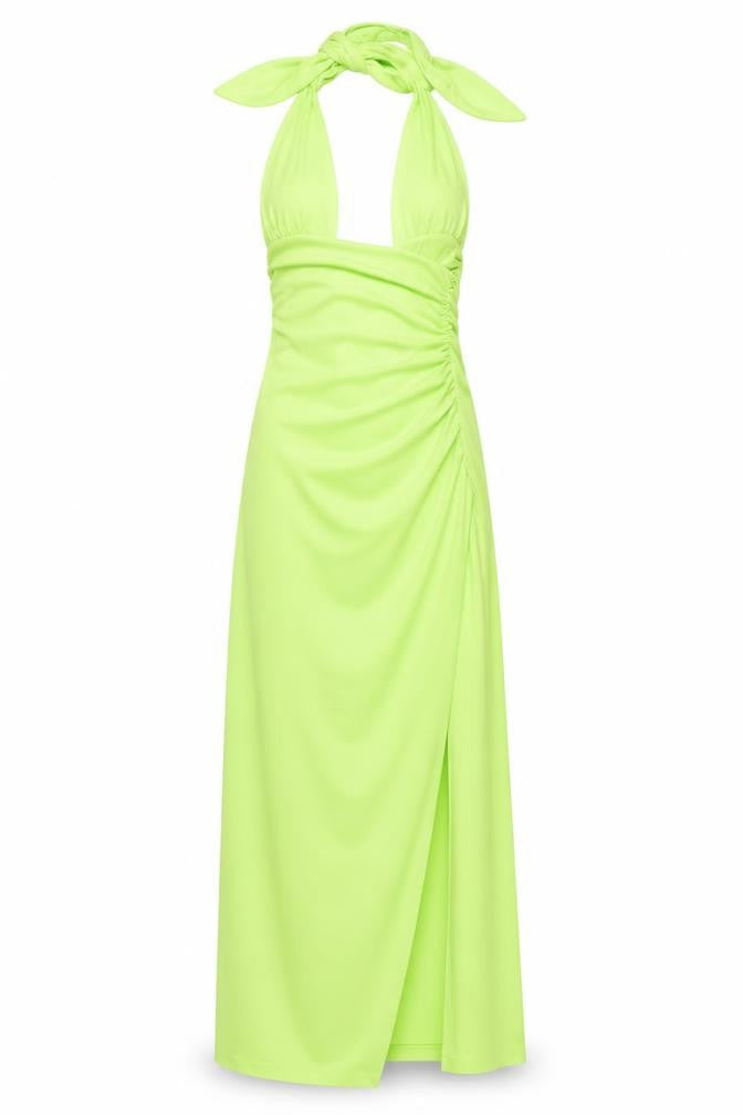 Front view of Zara women’s green polyester a-line, size XS, halter zip