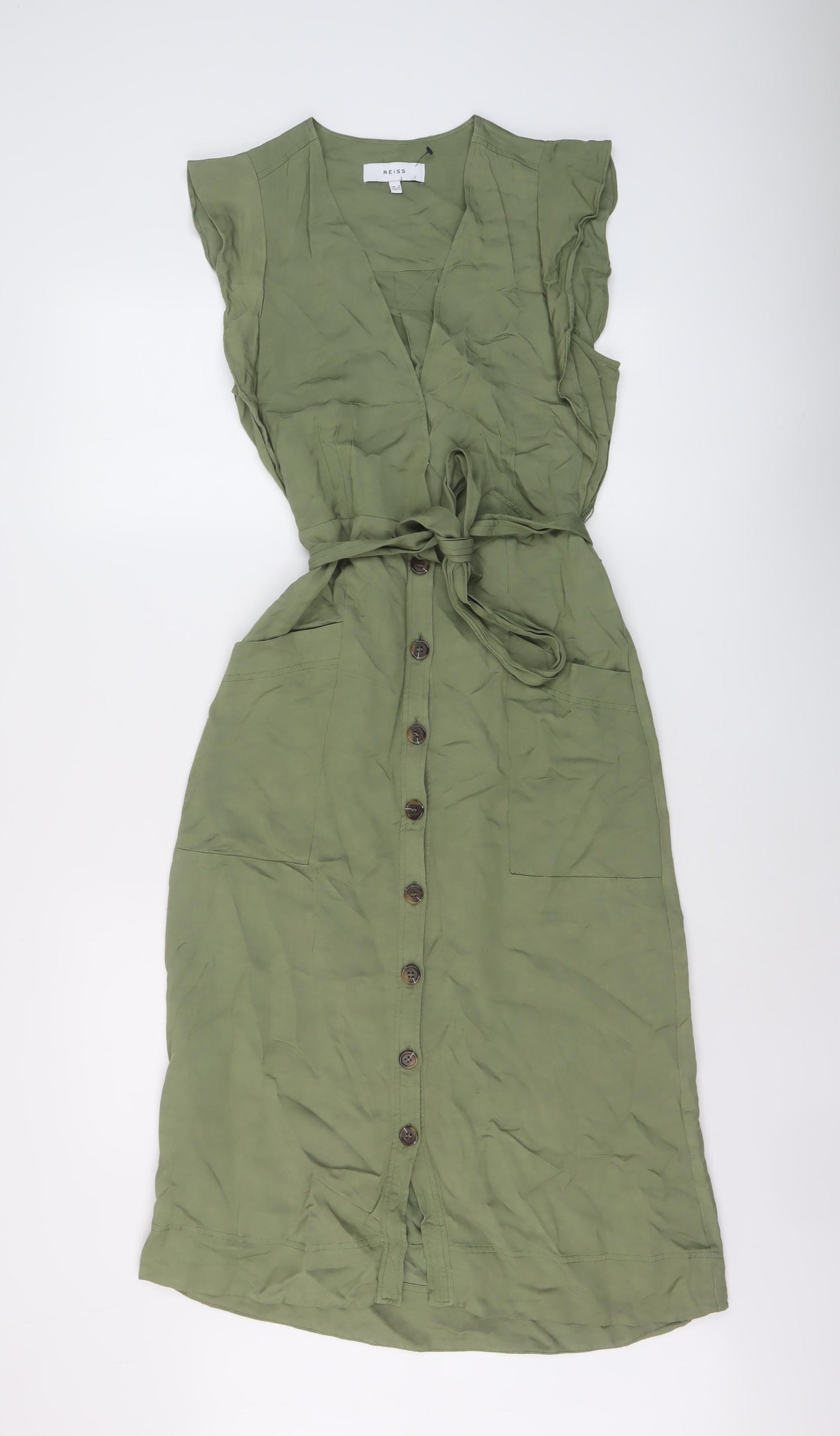 Reiss Womens Green Viscose A-Line Size 6 V-Neck Button