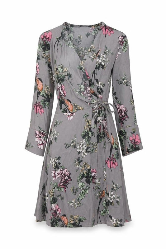Front view of Soaked women’s grey floral viscose wrap dress, size XS, v-neck tie