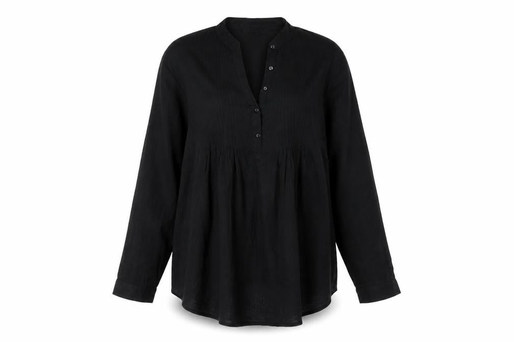 Front view of Ellie Louise women’s black cotton basic blouse, size UK 12, v-neck
