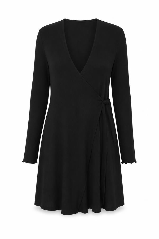 Front view of Topshop women’s black polyester wrap dress, size UK 10, v-neck tie