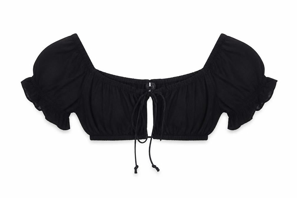 Front view of H&M women’s black cotton cropped blouse, size M, sweetheart
