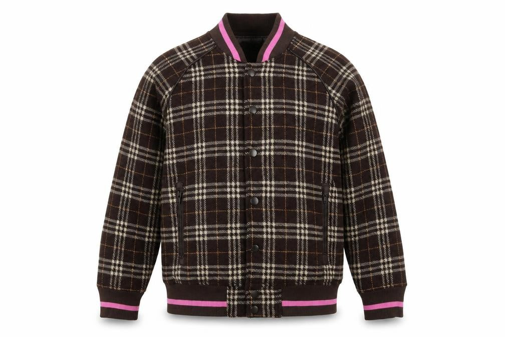 Front view of Two Percent Homme men’s brown check bomber jacket jacket, size M, zip
