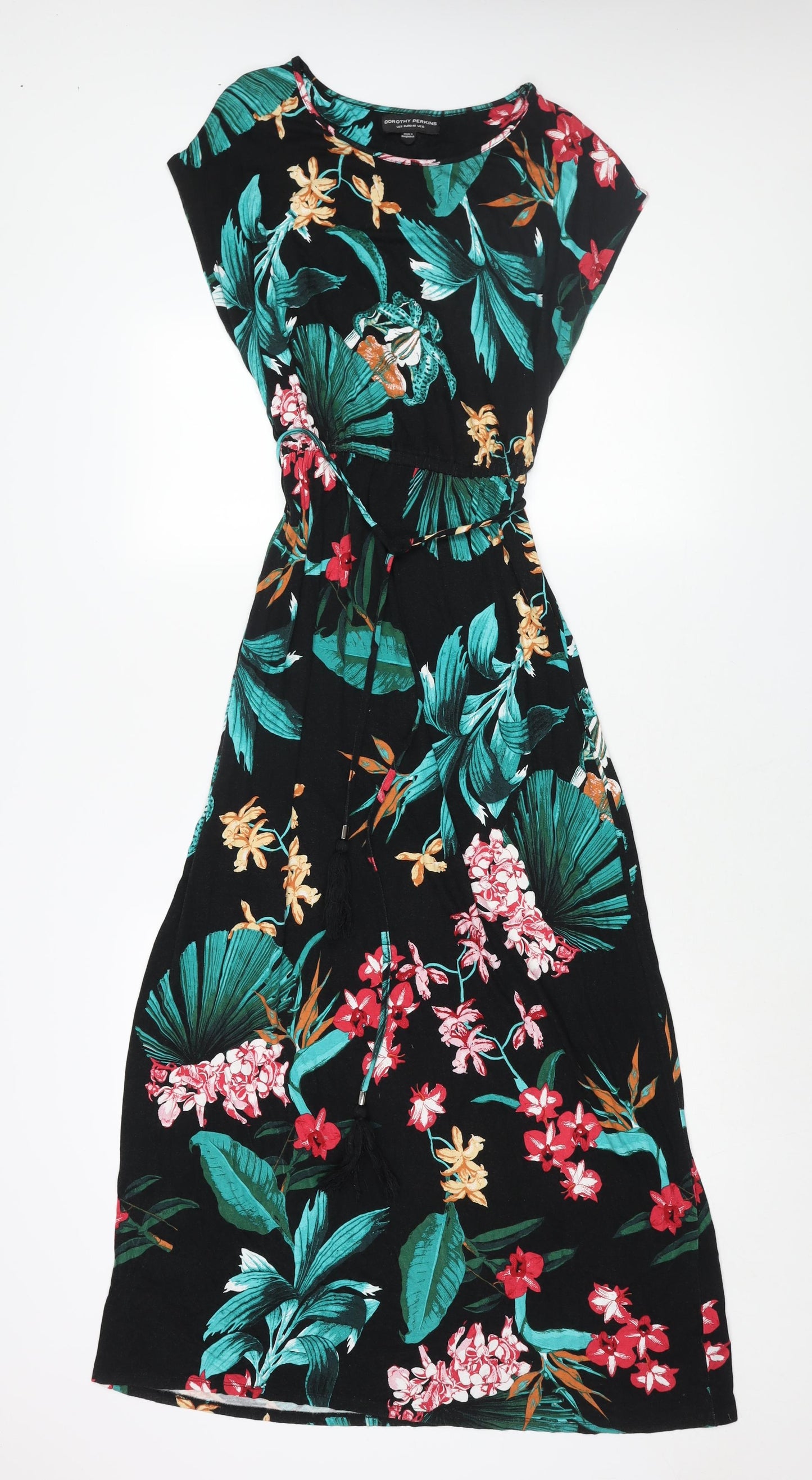 Dorothy Perkins Womens Black Floral Viscose Maxi Size 12 Round Neck Pullover - Belted Tassle