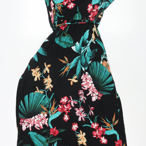Dorothy Perkins Womens Black Floral Viscose Maxi Size 12 Round Neck Pullover - Belted Tassle