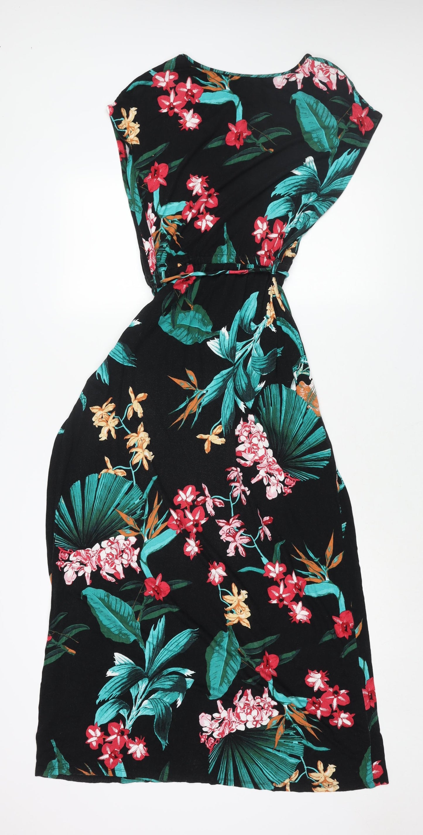 Dorothy Perkins Womens Black Floral Viscose Maxi Size 12 Round Neck Pullover - Belted Tassle