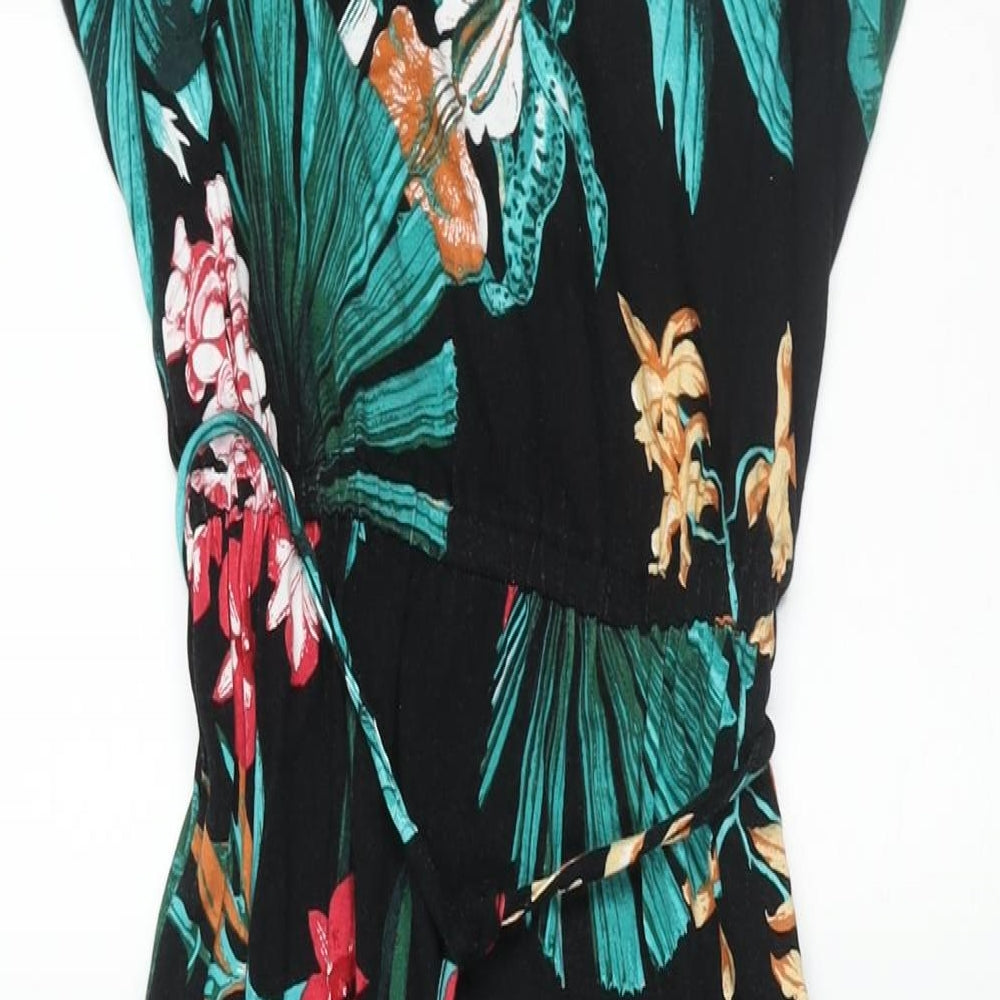 Dorothy Perkins Womens Black Floral Viscose Maxi Size 12 Round Neck Pullover - Belted Tassle