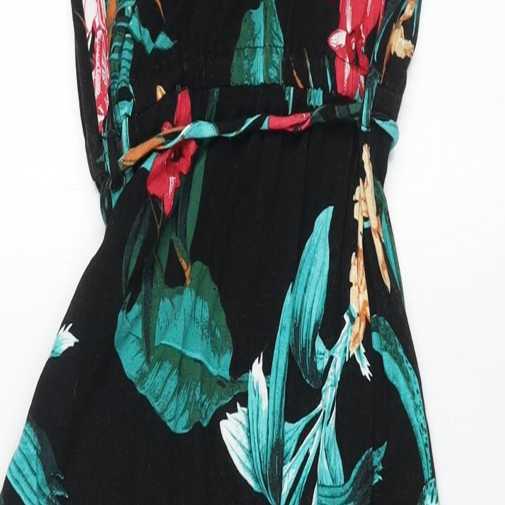 Dorothy Perkins Womens Black Floral Viscose Maxi Size 12 Round Neck Pullover - Belted Tassle