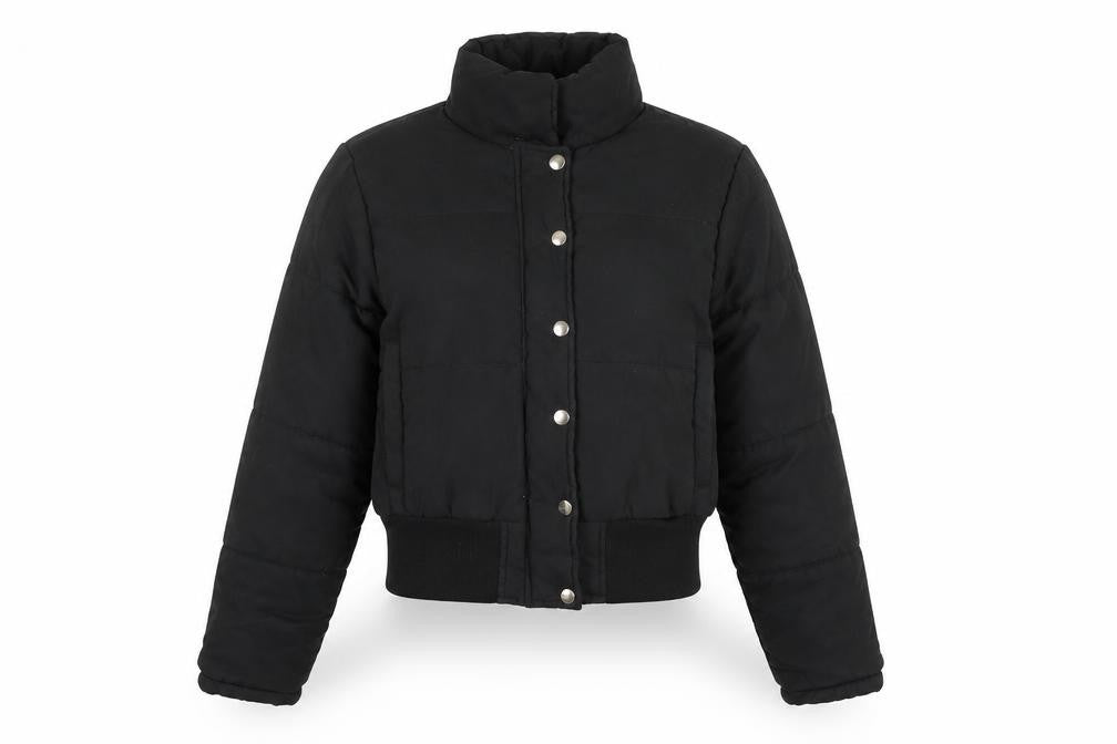Front view of PRETTYLITTLETHING women’s black puffer jacket jacket, size UK 6, zip