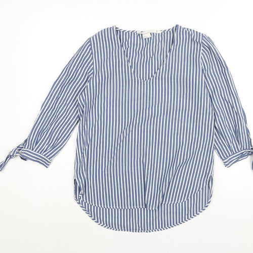 H&M Womens Blue Striped Cotton Basic Blouse Size 6 V-Neck - Tie Detail