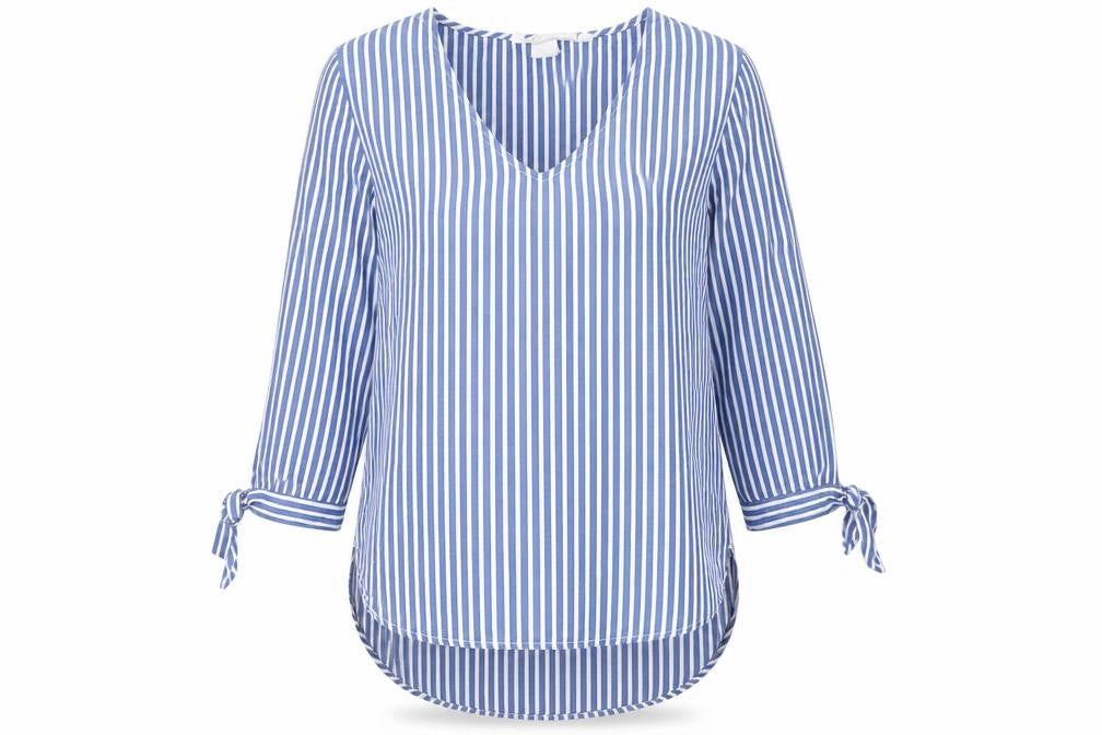 Front view of H&M women’s blue striped cotton basic blouse, size UK 6, v-neck - tie detail