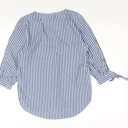 H&M Womens Blue Striped Cotton Basic Blouse Size 6 V-Neck - Tie Detail