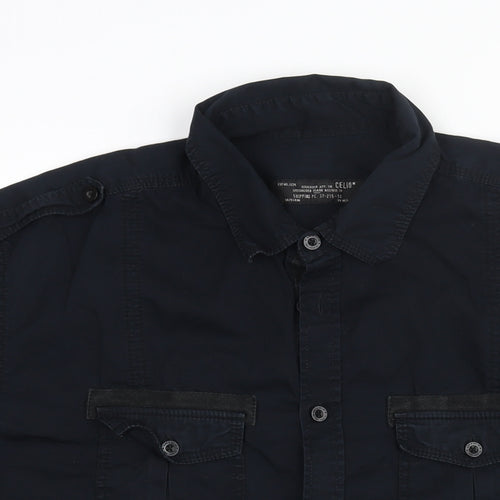 celio* Mens Blue Cotton Button-Up Size XL Collared Button