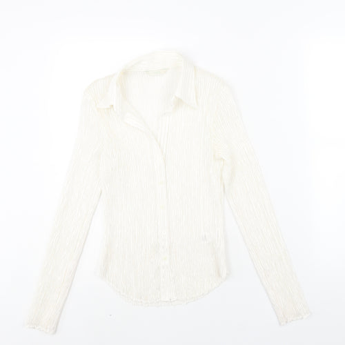 Marks and Spencer Womens Ivory Polyester Basic Blouse Size 10 Collared - Plisse Gold Detail