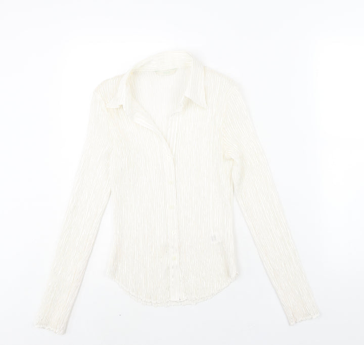 Marks and Spencer Womens Ivory Polyester Basic Blouse Size 10 Collared - Plisse Gold Detail