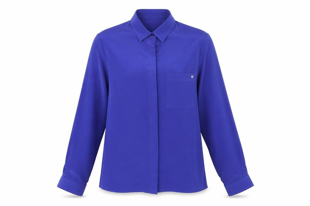 Front view of St Michael women’s blue polyester basic button-up, size UK 10, collared