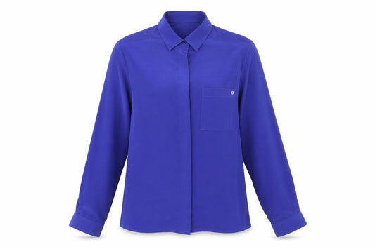 Front view of St Michael women’s blue polyester basic button-up, size UK 10, collared