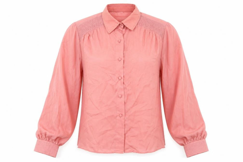 Front view of Janet Cotton women’s pink acetate basic blouse, size UK 12, collared - vintage