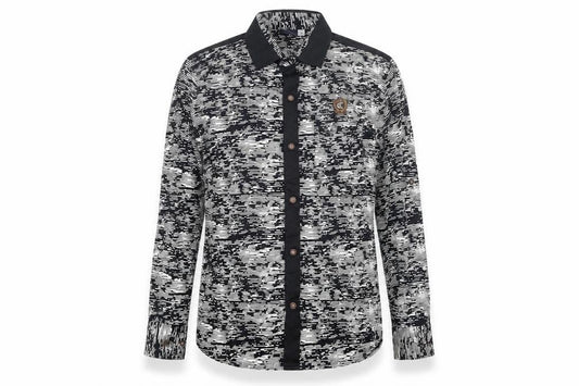 Front view of Cavio women’s blue geometric polyester basic button-up, size UK 10, collared