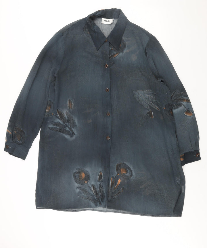 Wallis Womens Blue Geometric Polyester Tunic Button-Up Size 14 Collared - Semi Sheer