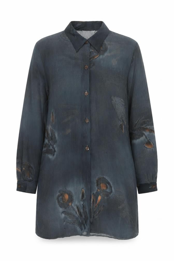 Front view of Wallis women’s blue geometric polyester tunic button-up, size UK 14, collared - semi sheer