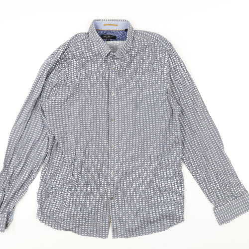 Ted Baker Mens Blue Geometric Cotton Button-Up Size 17 Collared Button