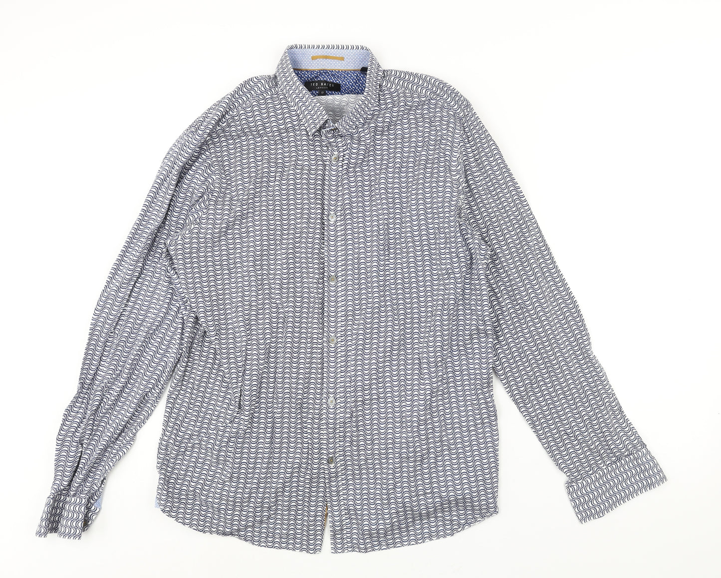 Ted Baker Mens Blue Geometric Cotton Button-Up Size 17 Collared Button