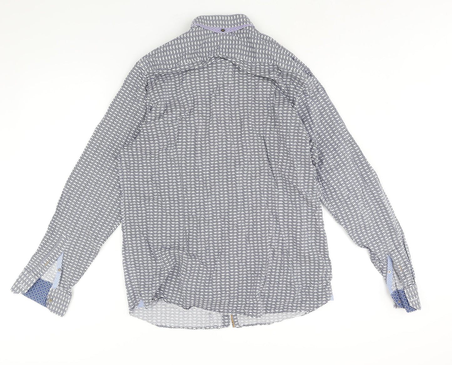 Ted Baker Mens Blue Geometric Cotton Button-Up Size 17 Collared Button