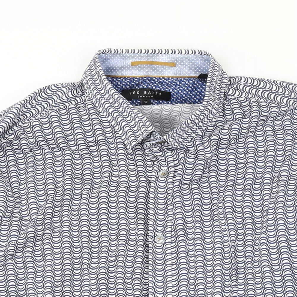 Ted Baker Mens Blue Geometric Cotton Button-Up Size 17 Collared Button