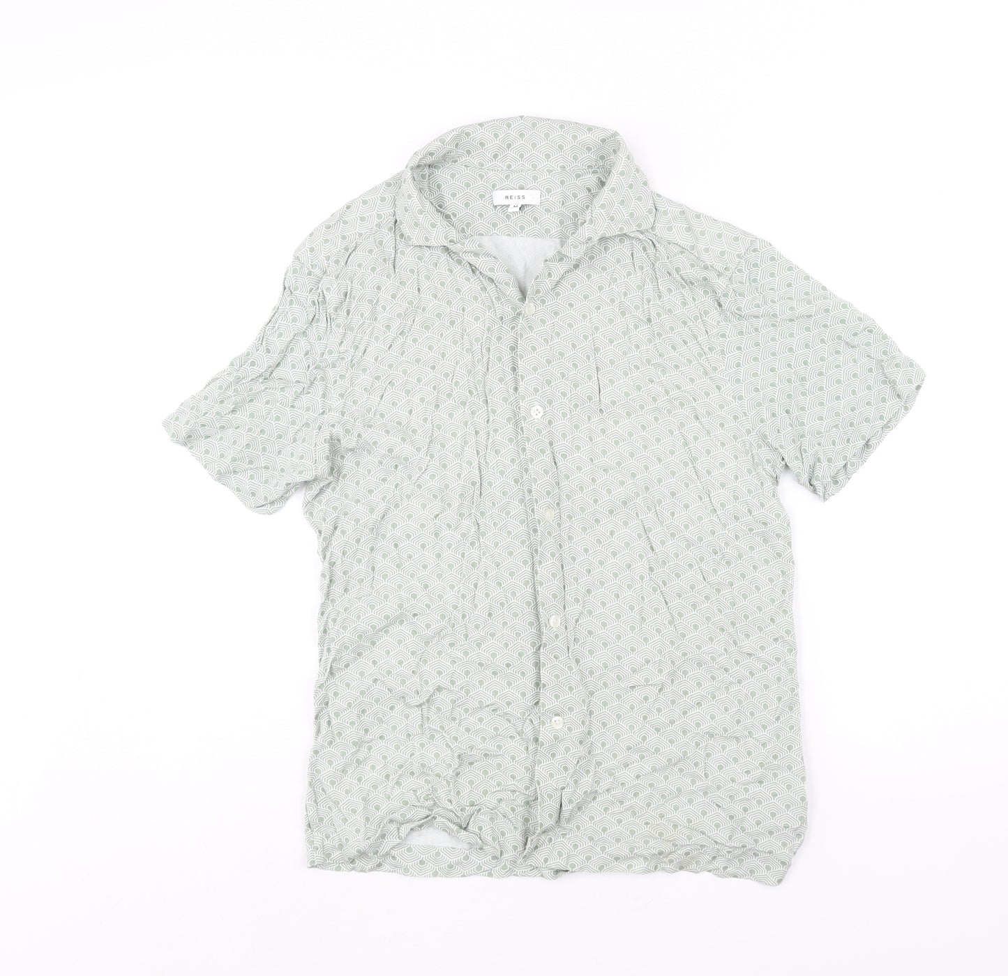 Reiss Mens Green Geometric Viscose Button-Up Size M Collared Button