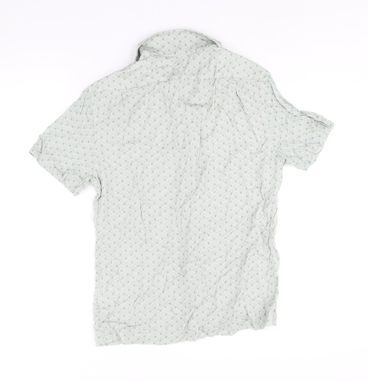 Reiss Mens Green Geometric Viscose Button-Up Size M Collared Button