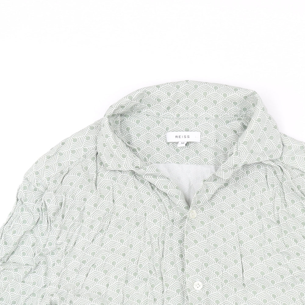 Reiss Mens Green Geometric Viscose Button-Up Size M Collared Button